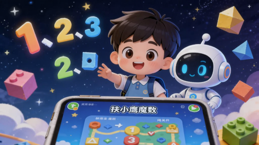 画面主体为一名可爱的小学生男孩与虚拟AI小伙伴一同在浩瀚的数学星空中探索,周围漂浮着发光的数字“1、2、3”和几何图形积木,整体采用明亮卡通插画风格,色彩鲜艳活泼,前景是打开的应用界面,显示“扶小鹰魔数”字样与闯关地图,布局层次分明,画质高清干净无多余元素