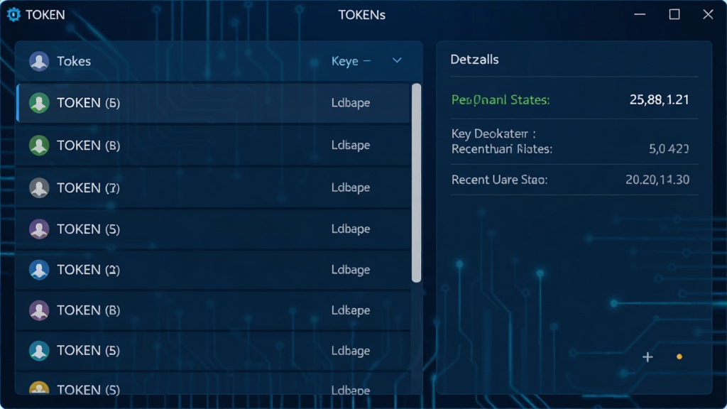 一张展示TOKEN软件主界面的截图,界面采用深蓝色科技感设计,左侧为令牌列表,右侧为详情面板,显示密钥状态与最近使用时间,整体布局简洁清晰,干净无多余元素,高画质