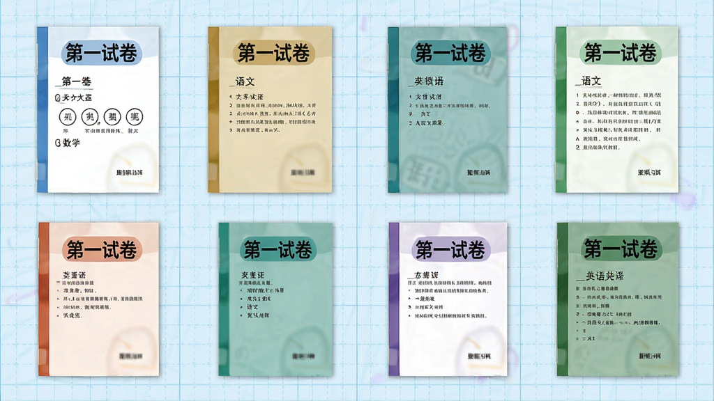 第一试卷真题试卷库展示图,屏幕中显示多份试卷缩略图,包括数学、语文、英语等科目,试卷封面上印有“第一试卷”字样,背景为淡蓝色网格,布局整齐排列,风格写实明亮,高清画质,干净无多余元素