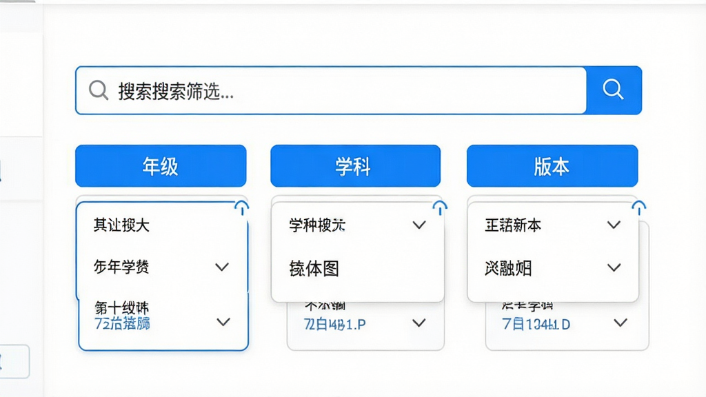 第一试卷智能搜索筛选界面图,顶部为搜索输入框,下方展示多个筛选条件按钮,如“年级”“学科”“版本”,点击后展开选项,界面设计简洁,以白色背景为主,搭配蓝色高亮选中状态,画质清晰,干净无多余元素