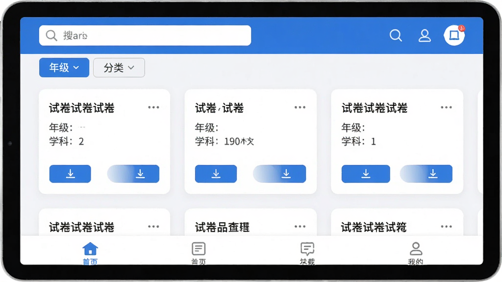 第一试卷APP主界面预览图,展示试卷列表与分类导航,界面采用蓝白配色,上方为搜索栏和年级选择标签,中部为试卷卡片流,每张卡片显示试卷名称、年级、学科与下载按钮,下方为底部导航栏,整体布局简洁清晰,风格现代扁平,高清画质,干净无多余元素