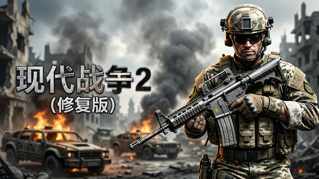 现代战争2修复版游戏主视觉图,一名全副武装的特种兵手持突击步枪,背景是硝烟弥漫的城市废墟与燃烧的载具,画面极具电影质感,主体突出人物与枪械细节,布局采用黄金分割,角色偏右,左侧留白用于展示游戏标题“现代战争2(修复版)”,排版硬朗,风格写实,细节包括战地迷彩与枪械金属质感,画质高清,干净无多余元素。