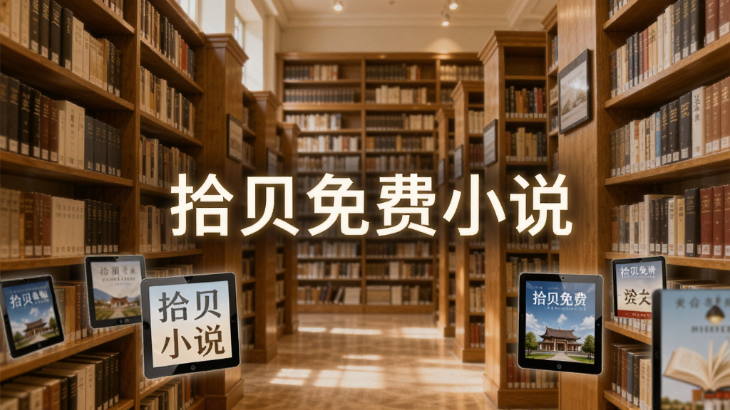 图片展示一座图书馆内部,书架高耸摆满各类书籍,前景悬浮着多个电子书封面缩略图,中央用发光字体显示