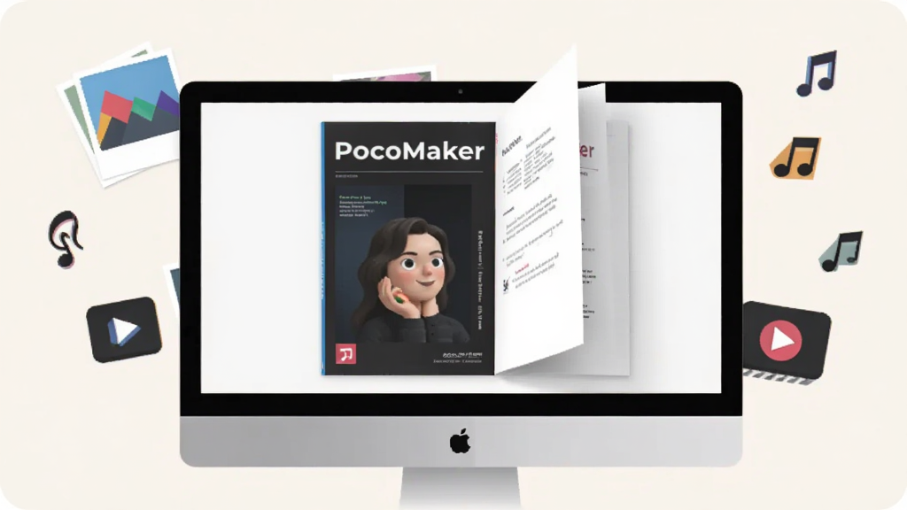 一本正在电脑屏幕中翻页展示的精美电子杂志界面,杂志封面带有“PocoMaker”字样,周围散落着照片、音乐符号和视频播放图标,浅色背景,现代简约扁平化设计风格,整体给人直观易用、创意无限的感受,画质干净,无多余元素
