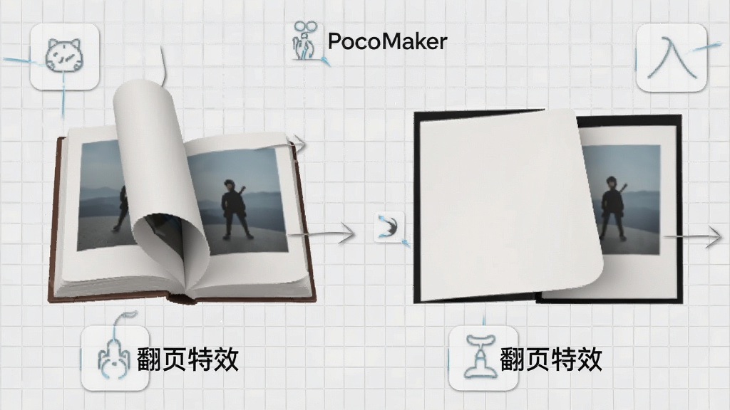 展示PocoMaker软件中多种翻页动画特效的对比示意图,左边是仿真书本卷曲效果,右边是平滑滑入效果,背景为浅灰色网格,图标清晰,文字标注“翻页特效”,整体设计简洁直观
