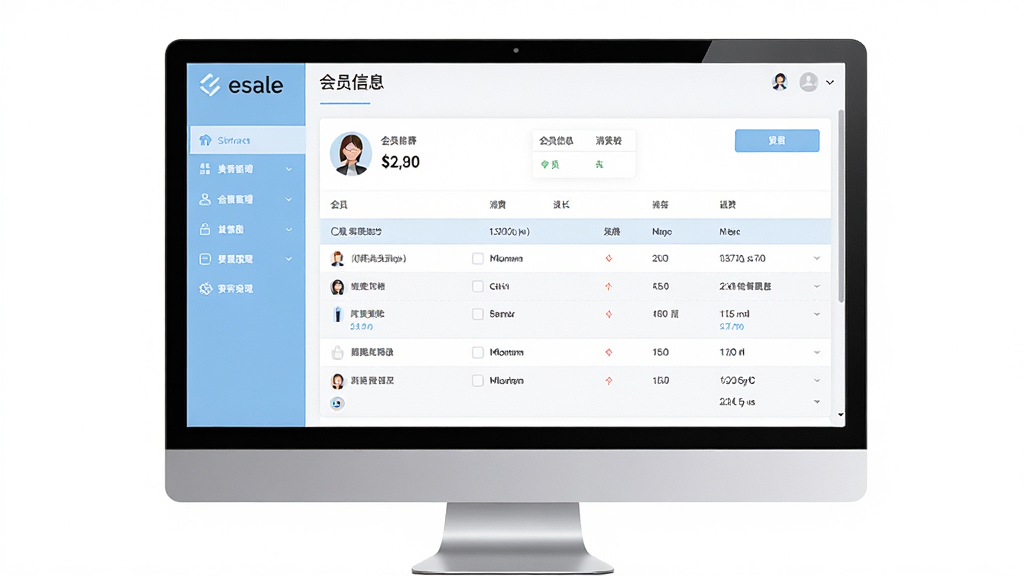 esale美容美发会员管理软件主界面预览图,现代简约风格,左侧功能导航栏,右侧显示会员信息与消费记录表格,整体以浅蓝色和白色为主色调,界面干净清晰,高分辨率,逼真,画质干净无多余元素