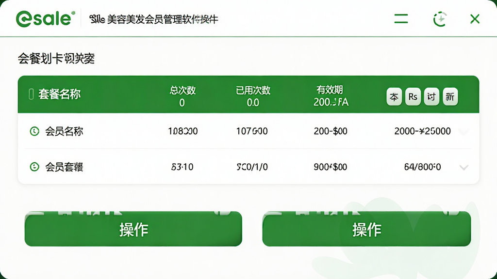 esale美容美发会员管理软件套餐划卡操作界面,显示会员套餐列表,包含套餐名称、总次数、已用次数、剩余次数、有效期,操作按钮醒目,背景为白色搭配绿色点缀,界面简洁,高分辨率,画质干净