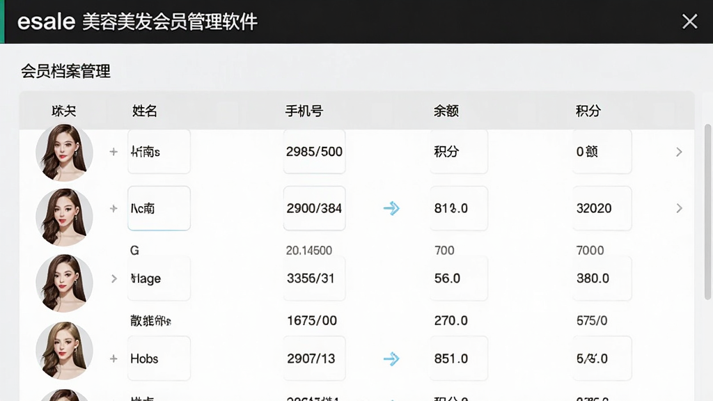 esale美容美发会员管理软件会员档案管理界面,展示会员列表,包含头像、姓名、手机号、余额、积分等字段,背景为浅灰色,表格数据排列清晰,界面明亮,高分辨率,画质干净,无多余元素