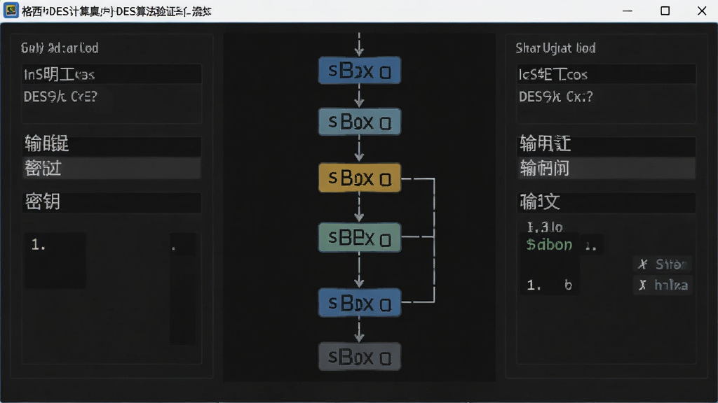 格西DES计算器DES算法验证界面,左侧输入明文密钥,右侧输出密文,中间步骤流程图高亮S盒替换,深色背景,代码风格字体,界面清晰,专业感强,画质细腻