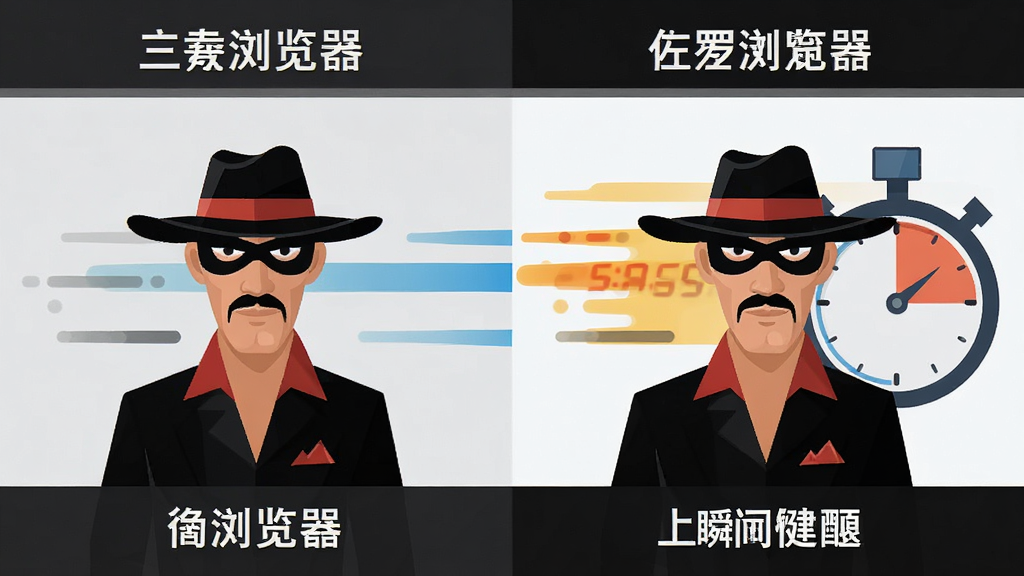 佐罗浏览器速度对比示意图,左侧普通浏览器加载缓慢,右侧佐罗浏览器瞬间完成,背景为速度线条与计时器图标,风格扁平化,细节清晰,画质干净,无多余元素