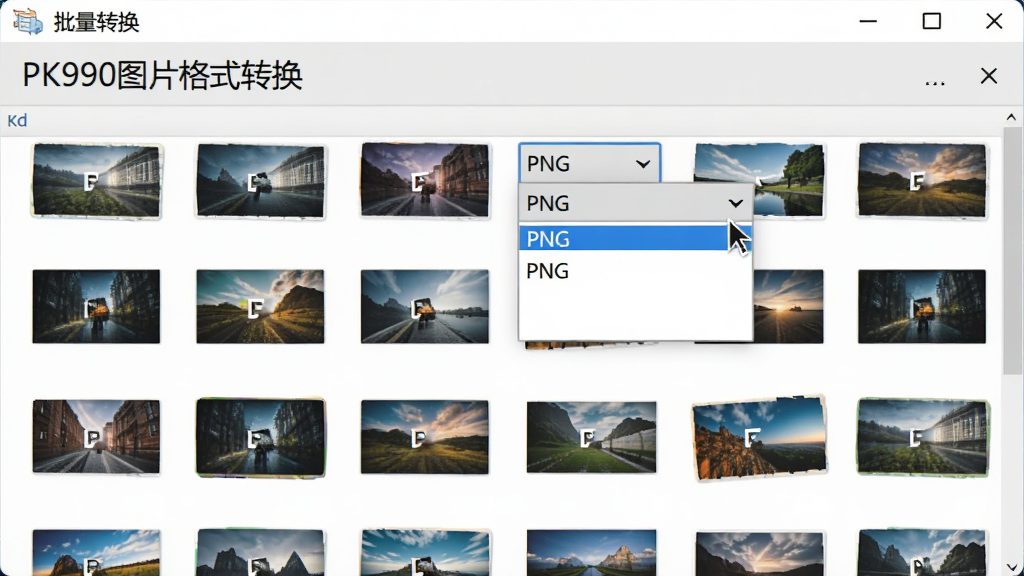 展示“PK990图片格式转换”的批量转换界面,多张图片文件整齐排列在列表中,格式下拉菜单打开,光标指向“PNG”,背景为浅灰,界面现代,细节清晰,画质高,无多余元素