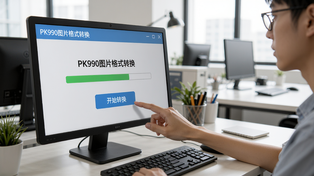 一张用户正在操作“PK990图片格式转换”的实拍图,手部点击“开始转换”按钮,屏幕上显示进度条,环境为明亮的办公室,风格写实,细节丰富,画质高