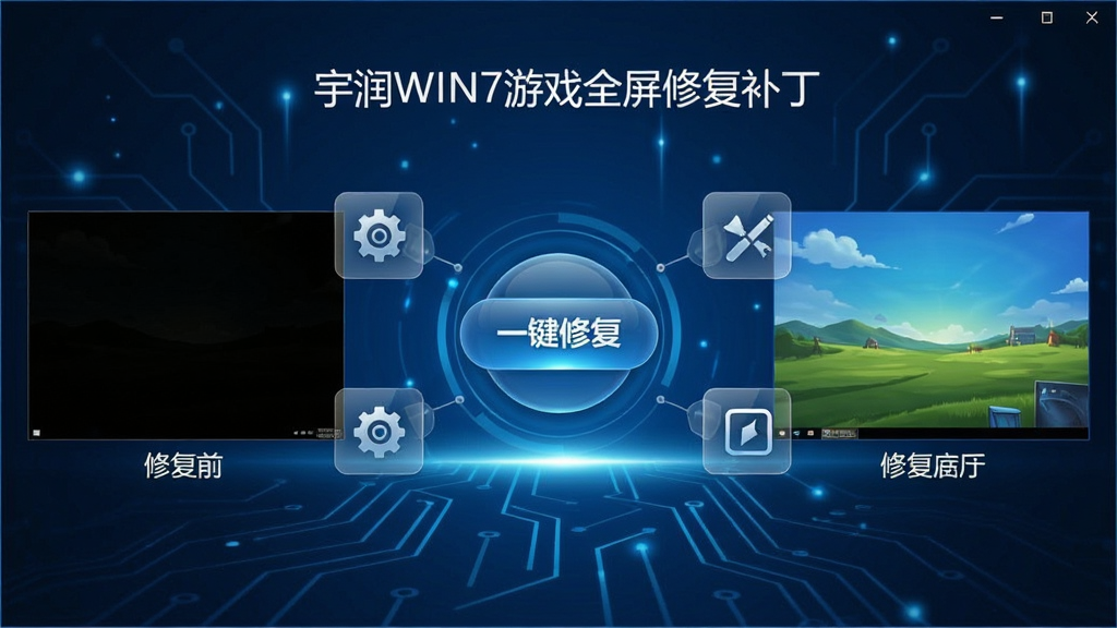 画面中央显示一款名为“宇润WIN7游戏全屏修复补丁”的软件主界面,界面简洁清爽,背景为深蓝色科技感光效,前景悬浮着多个半透明设置的图标,围绕中心“一键修复”按钮,左右两侧分别展示修复前后的屏幕对比图,左侧带黑边,右侧完美全屏,整体布局对称,排版干净,风格现代,细节丰富,画质清晰,无多余元素