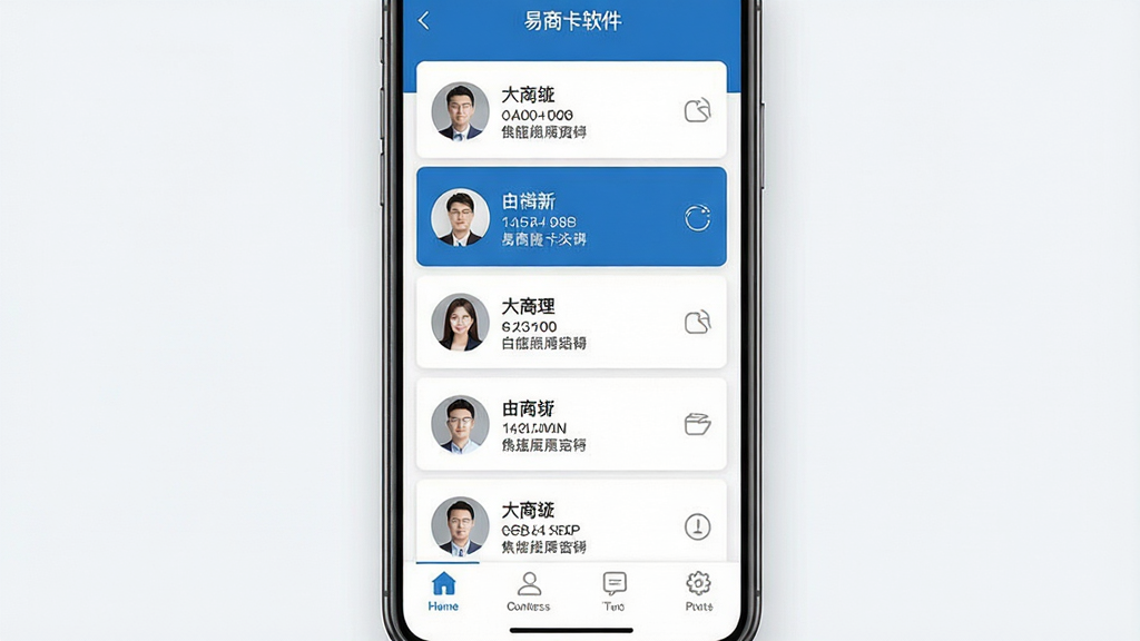 一张高清产品展示图,主体为易商卡软件在智能手机上的运行界面,屏幕中清晰显示卡片化联系人列表与底部导航栏,布局简洁直观,界面以蓝白商务色调为主,风格现代简约,细节包含头像、姓名、公司职位等文字信息,画质细腻干净,无多余元素。