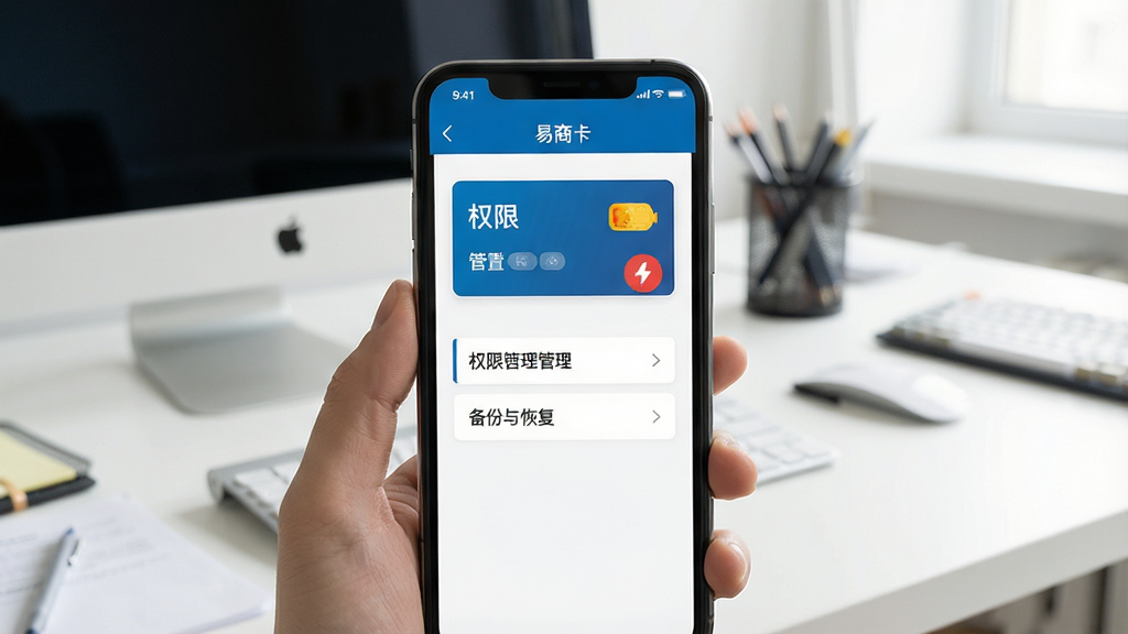 一张易商卡使用教程配图,主体为手机屏幕展示易商卡设置界面,包含“权限管理”和“备份与恢复”选项,背景为桌面办公场景,构图平稳,光线明亮,风格写实清晰,重点突出,画质干净无干扰。