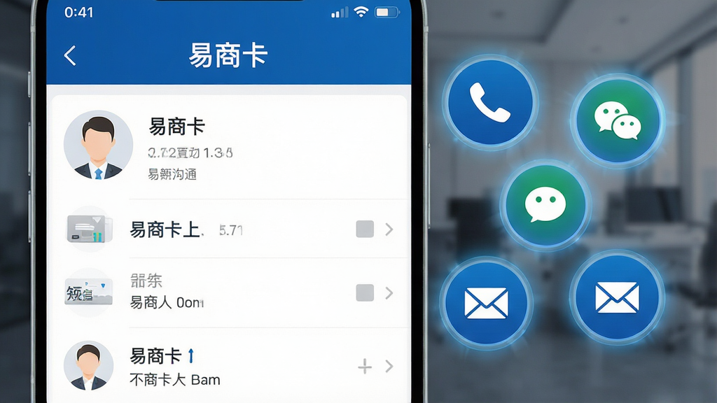 一张展示易商卡一键沟通功能的操作截图,画面左侧为联系人详情页,右侧悬浮多个圆形功能按钮,图标分别为电话、微信、短信、邮件,按钮上带有微光效,主色调为商务蓝,界面干净,突出“易商卡”品牌名,布局清晰,画质高清。