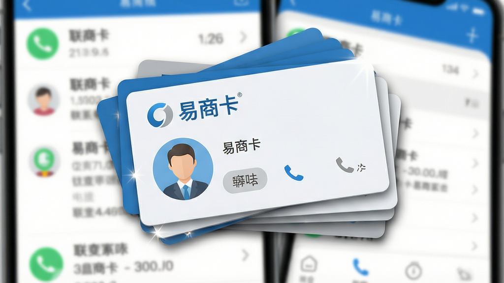 一张易商卡核心功能演示图,画面中央展示多张叠放的联系人卡片,每张卡片上清晰印有“易商卡”字样及头像、姓名、电话图标,背景为虚化的手机通讯录界面,布局错落有致,风格商务扁平化,色彩以蓝白灰为主,细节高光处理,画质清晰干净。