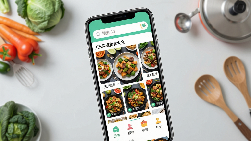 主体:天天菜谱美食大全软件界面展示,一部智能手机屏幕占据画面中心位置。布局:手机屏幕内显示软件首页,上方是搜索栏,中间为精美的菜品瀑布流图片,下方有分类导航图标。排版:手机略微倾斜,背景为简洁的浅灰色厨房台面,摆放着少量新鲜蔬菜和厨具。风格:现代扁平化设计风格,界面色彩明亮清新。细节:屏幕上的菜品图片清晰诱人,标注“天天菜谱美食大全”字样。画质:4K高清,画面干净,无多余元素。