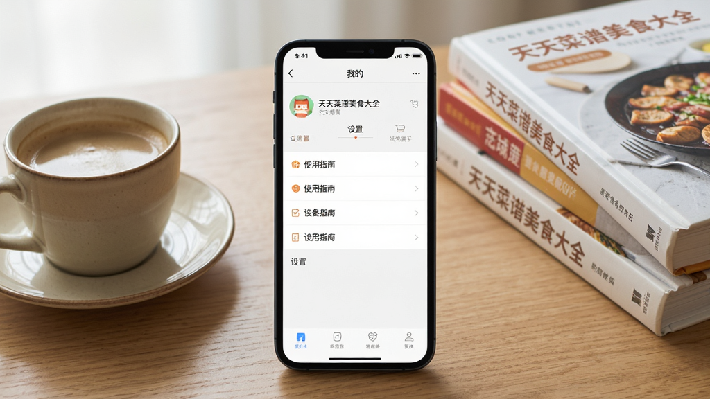 主体:一部手机正在运行天天菜谱美食大全应用,屏幕显示“使用指南”或“设置”界面。布局:手机竖屏放置在桌面上,旁边有一杯咖啡和几本烹饪书籍作为陪衬。排版:手机屏幕内容聚焦于“我的”页面,显示设置选项。风格:写实生活风格,光线柔和。细节:屏幕上清晰显示“天天菜谱美食大全”和相关菜单选项。画质:高清,画面干净,无多余元素。