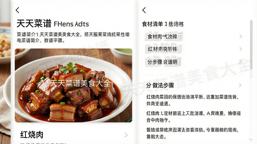 主体:天天菜谱美食大全应用内的菜谱详情页。布局:屏幕左侧展示菜品成品大图,右侧为食材清单和分步骤说明。排版:界面设计为上下滑动结构,顶部是菜名和简介,中间是诱人的成品照片,下方是做法步骤。风格:清新简洁的UI设计,字体清晰易读。细节:屏幕内容显示“红烧肉”菜谱,步骤条理清晰,并配有“天天菜谱美食大全”水印。画质:高分辨率,色彩真实,画面干净。