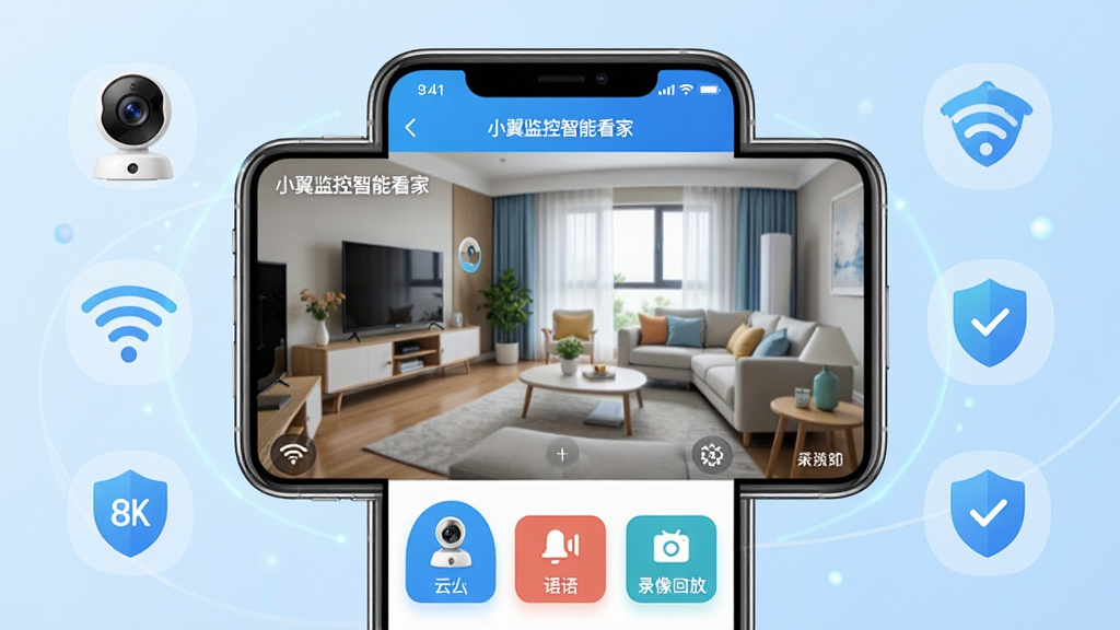 主体:小翼监控智能看家APP界面展示,手机屏幕中显示客厅高清监控画面,画面下方有云台控制、语音对讲、录像回放按钮。布局:手机居中,屏幕内容清晰可见,背景为柔和的浅蓝色渐变,周围有家庭摄像头、WiFi信号、盾牌等图标元素环绕。排版:画面简洁,突出APP界面,图标排列有序。风格:现代科技感,扁平化设计,色彩明亮。细节:手机屏幕边缘有高光,画面中监控图像清晰,有“小翼监控智能看家”字样。画质:8K超清,干净无多余元素。