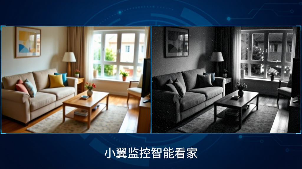主体:高清监控画面分屏展示,左侧为白天客厅彩色画面,右侧为夜间黑白红外画面,画面下方有“小翼监控智能看家”文字标识。布局:左右分屏,画面比例协调,中间有分割线,背景为深蓝色科技感渐变。排版:画面清晰,细节丰富,突出监控画质。风格:写实与科技结合,色彩明亮。细节:画面中可见沙发、茶几、窗户等家具轮廓,夜间画面有红外噪点效果。画质:4K高清,干净无多余元素。