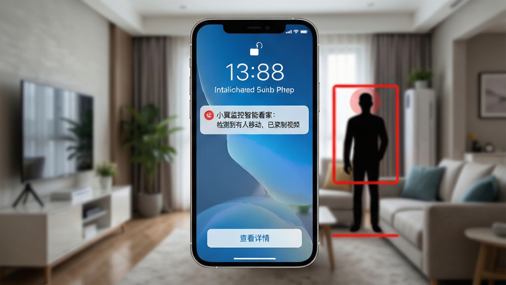 主体:手机收到告警通知的锁屏界面,屏幕显示“小翼监控智能看家:检测到有人移动,已录制视频”,背景为家中客厅场景,有一个人形轮廓被红色方框标记。布局:手机屏幕为主体,悬浮在客厅背景之上,锁屏界面简洁。排版:通知文案清晰,人形标记醒目。风格:科技安全风格,蓝白配色。细节:手机屏幕有“查看详情”按钮,背景画面略带模糊,突出锁屏。画质:高清,干净无多余元素。