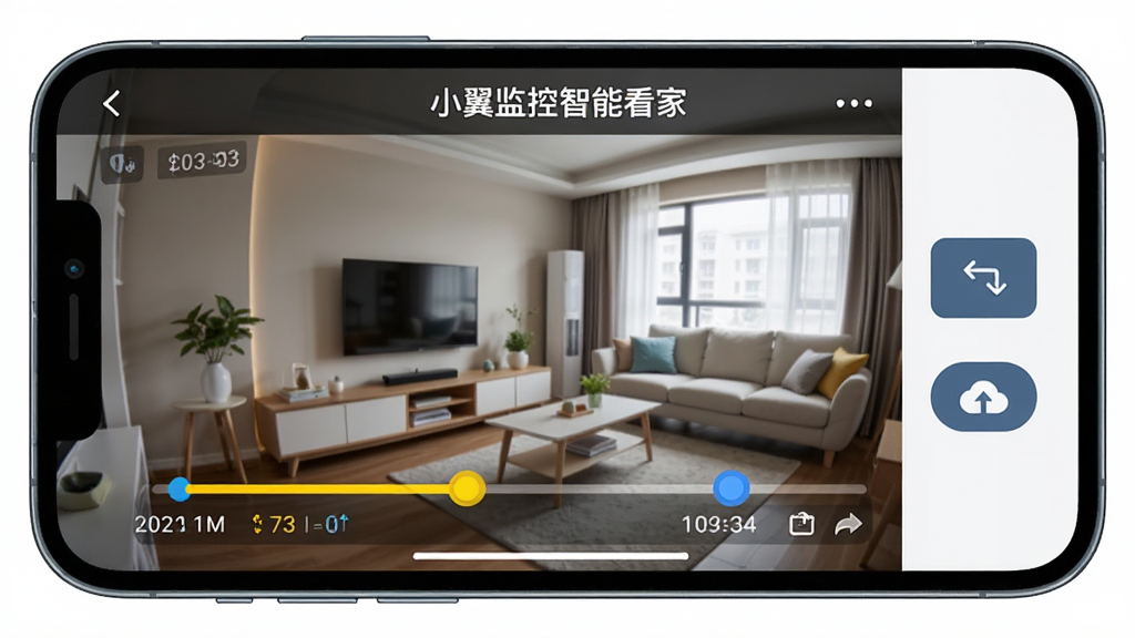 主体:手机横屏播放监控回放录像,画面有进度条和事件标记点,右侧有录像下载、分享按钮,界面顶部有“小翼监控智能看家”字样。布局:横屏显示,操作按钮分布在屏幕边缘。排版:时间轴清晰,标记点颜色区分。风格:简洁功能型界面。细节:录像画面是客厅,进度条有黄色高亮标记,下载按钮有云朵图标。画质:高清,干净无多余元素。