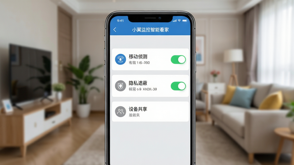 主体:手机截图展示“小翼监控智能看家”应用设置页面,包含“移动侦测”、“隐私遮蔽”、“设备共享”等选项,背景为家庭客厅实景。布局:手机屏幕为主体,屏幕内容清晰可读,背景虚化。排版:设置项排列整齐,开关按钮醒目。风格:简洁清爽,灰色与蓝色搭配。细节:屏幕中有“小翼监控智能看家”字样,每个选项有图标,开关为绿色。画质:高清,干净无多余元素。