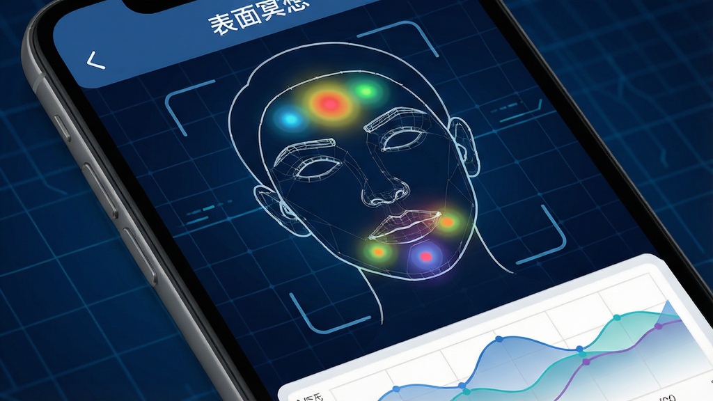 特写智能手机屏幕,显示“表面冥想”应用的实时监测界面,画面中央为扫描的用户面部轮廓线框图,额头与下巴区域有彩色光斑表示紧张程度,背景为深蓝色科技网格;布局以界面截图为主,下方有波浪形数据图表;风格为扁平化UI设计,细节清晰,文字标签“表面冥想”醒目;画质干净,无多余元素。