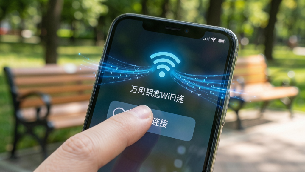 手机屏幕放大特写,手指点击“万用钥匙WiFi连”应用中的“一键连接”按钮,瞬间手机状态栏WiFi图标亮起,周围浮现出数据流动的蓝色光带效果,背景为虚化的户外公园场景,有长椅和绿树,光线明亮自然,风格写实与科技结合,构图突出手指与屏幕交互细节,画质高清,无多余元素