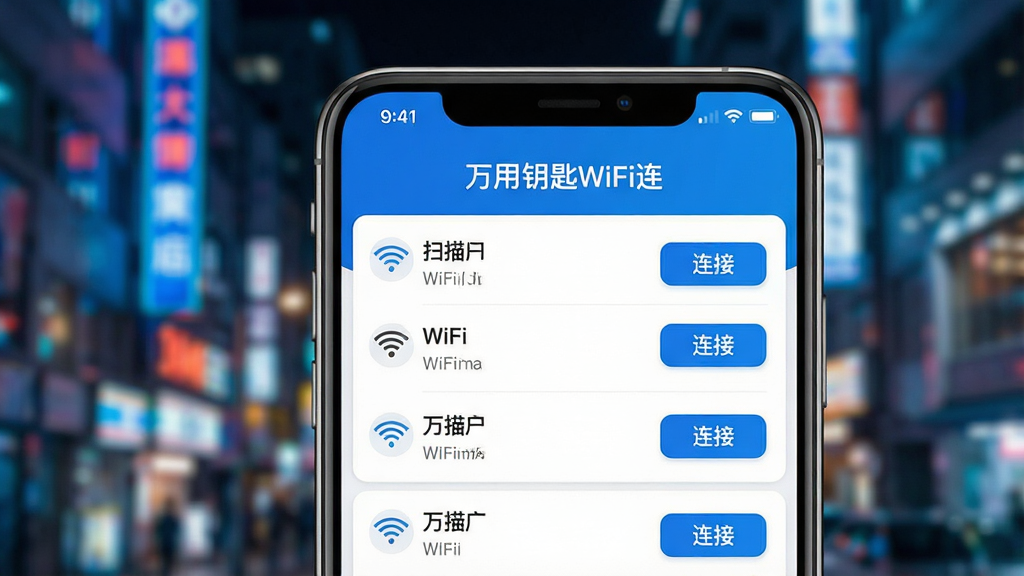 画面主体为“万用钥匙WiFi连”手机应用界面特写,背景是模糊的繁华都市夜景,霓虹灯闪烁,前景手机屏幕清晰显示软件主界面,顶部有“万用钥匙WiFi连”字样,下方是扫描到的WiFi列表,每个条目右侧有醒目的“连接”按钮,整体布局简洁明快,色调以蓝色和白色为主,风格现代科技感,画质高清,干净无多余元素