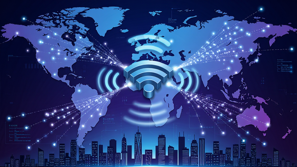 一张世界地图背景上,无数光点从四面八方汇聚到中央的“万用钥匙WiFi连”图标上,图标呈现立体质感,周围环绕着无线信号波纹,地图下方有密集的城市建筑剪影,画面以蓝紫色调为主,科技感十足,构图中心对称,细节丰富,画质清晰,无多余元素
