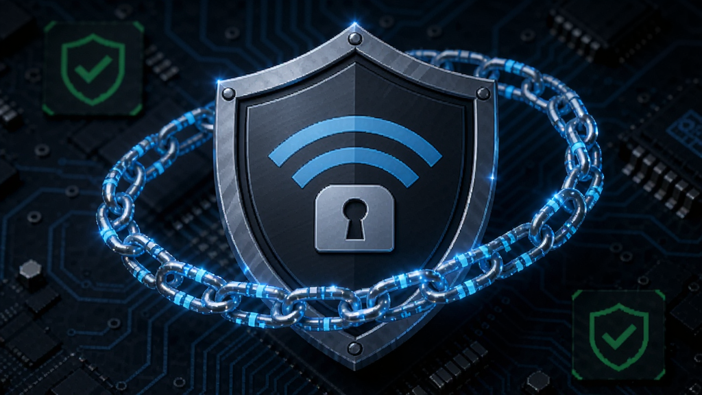 盾牌形状的“万用钥匙WiFi连”图标位于画面中央,盾牌表面有锁形图案,周围环绕着蓝色的数据加密链条,背景是暗色电路板纹理,局部有绿色安全认证标识,整体风格硬朗,用光效突出安全氛围,构图稳定,细节精细,画质干净无多余元素