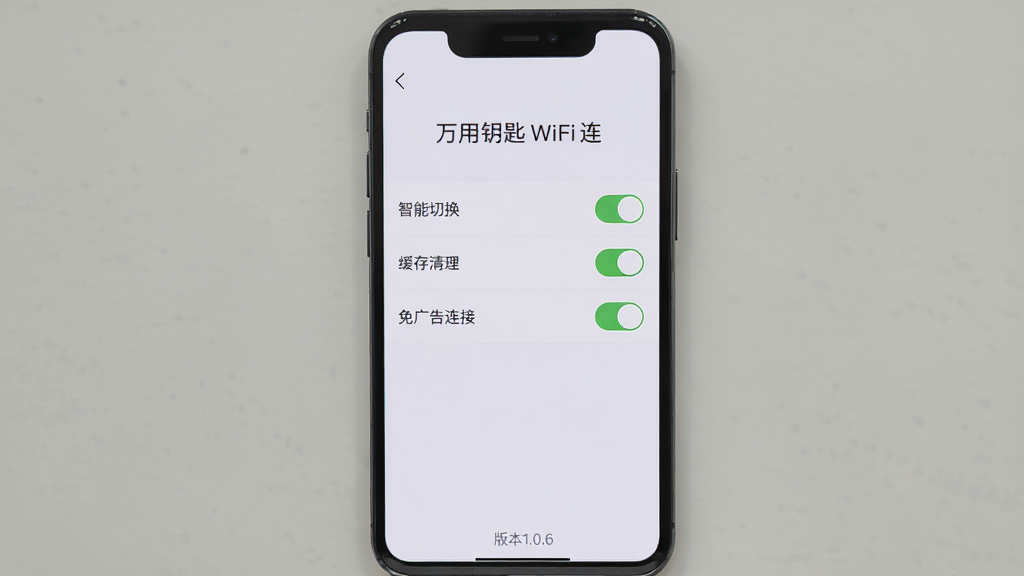 手机屏幕显示“万用钥匙WiFi连”的设置页面,背景为浅灰色,页面中有“智能切换”、“缓存清理”、“免广告连接”等选项开关,屏幕下方有一行小字“版本1.0.6”,整体界面干净整洁,光线均匀,构图垂直,风格扁平化,画质清晰,无多余元素
