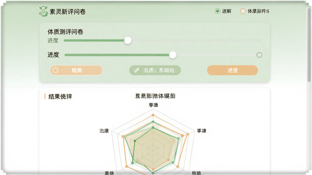 主体为“素灵新解”健康测评功能页面截图,屏幕上显示体质测评问卷与结果雷达图,布局为上下结构,上方问卷下方图表,配色采用淡绿与浅橙色调,风格简洁直观,细节展现进度条与选项按钮,画质清晰,无多余元素