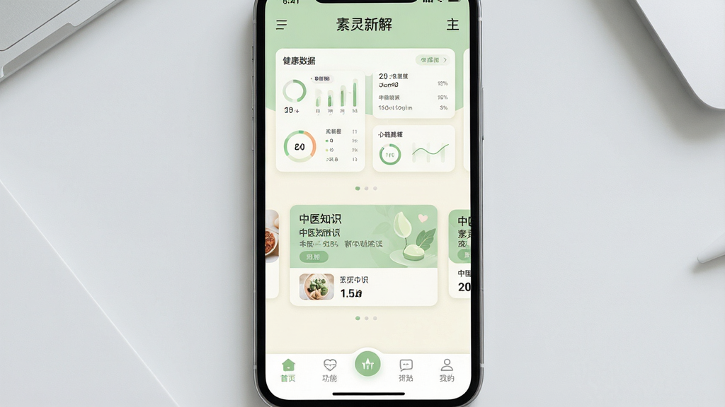 画面主体为一部手机屏幕显示“素灵新解”应用主界面,界面风格简约清新,以淡绿色和米白色为主色调,上方显示健康数据仪表盘,中间为中医知识卡片轮播,下方为功能导航栏。布局采用居中对称式,排版清晰有序,背景为干净浅灰色桌面,整体风格现代简约,细节精致,画质高清,干净无多余元素