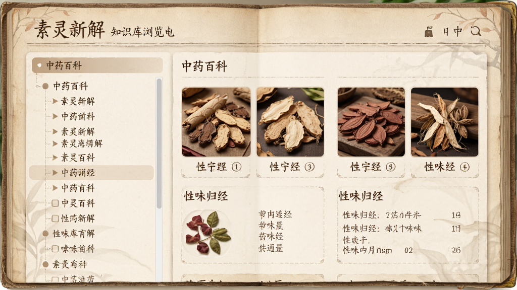 主体为“素灵新解”知识库浏览界面,屏幕上展示中药百科页面,左侧目录树,右侧药物详情图文搭配,布局为左右分栏,风格淡雅纸质书籍质感,色彩以米黄与淡褐为主,细节包括药材图片与性味归经标注,画质细腻,干净整洁