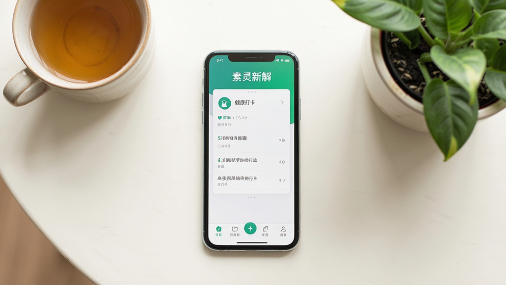 主体为“素灵新解”使用场景,手机放在桌面,屏幕显示健康打卡界面,周围有茶杯与绿植,布局为俯拍视角,风格温馨生活化,光线明亮柔和,细节包括手机屏幕内容清晰可见,画质干净无多余元素