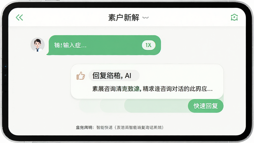 主体为“素灵新解”智能咨询对话界面,屏幕上显示用户输入症状对话框与AI回复内容,布局为聊天式上下排列,风格圆润气泡设计,色彩以白色底配绿色点缀,细节包括快速回复按钮与免责声明,画质清晰,无多余元素