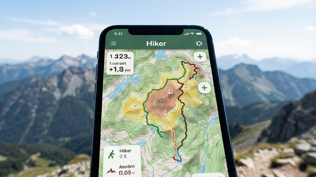 一张Hiker应用在壮丽山巅背景下的手机界面特写图,手机屏幕显示着彩色等高线地图与实时海拔数据,画面主体突出,采用仰拍布局,风格为现代科技感结合户外写实,细节呈现屏幕上的“Hiker”字样与轨迹线条,画质清晰,干净无多余元素