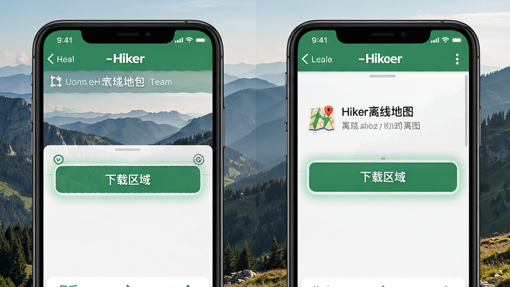 手机屏幕展示Hiker应用下载离线地图包的操作界面,背景是层峦叠嶂的户外风景,主体为高亮显示的“下载区域”按钮,布局清晰直观,风格为UI界面截屏风格,细节强调“Hiker离线地图”字样,画质细腻,干净无多余元素