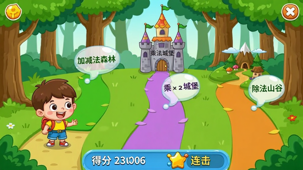 豆豆小学生口算练习系统趣味闯关模式截图:画面为森林冒险场景,孩子控制的卡通角色站在路口,前方有三条不同颜色的路径分别通向“加减法森林”、“乘法城堡”、“除法山谷”,每一条路上都有数学题气泡,界面底部显示当前得分和连击数,整体画面色彩丰富,风格童趣,画质干净,无多余元素