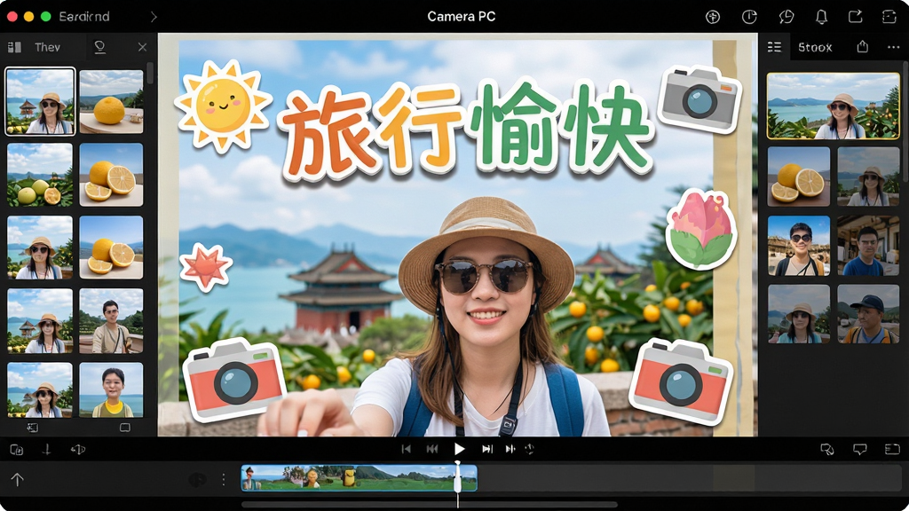 主体:一张柚子相机 PC版编辑界面的截图,画面中有一位游客在景点前的照片,照片上叠加了“旅行愉快”艺术字和太阳、相机等贴纸。布局:照片位于中央,文字横排上方,贴纸分散于四周。排版:界面两侧有素材面板,底部为时间轴。风格:活泼轻松,色彩明快。细节:文字阴影效果自然,贴纸边缘平滑。画质:高清,无多余元素。