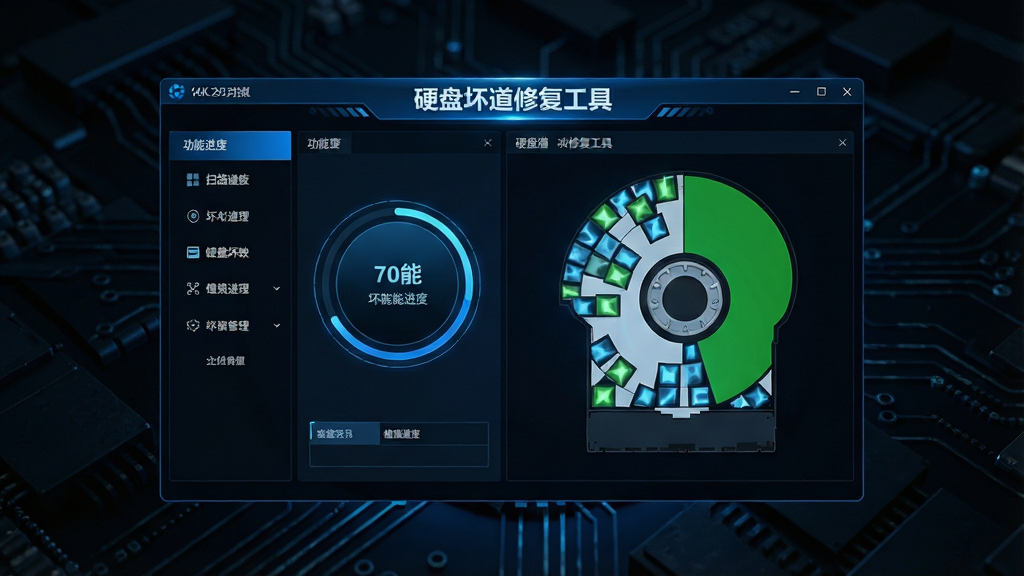 画面主体为硬盘坏道修复工具软件主界面悬浮于深色科技背景中央,界面显示清晰扫描进度环与扇形坏道分布图,标题文字“硬盘坏道修复工具”置于顶部,布局采用左右分栏,左侧为功能列表,右侧为可视化磁盘映射,整体风格为蓝黑科技感,细节包含高亮标记的坏道簇与绿色健康区域,画质为8K超清渲染,干净且无多余元素。