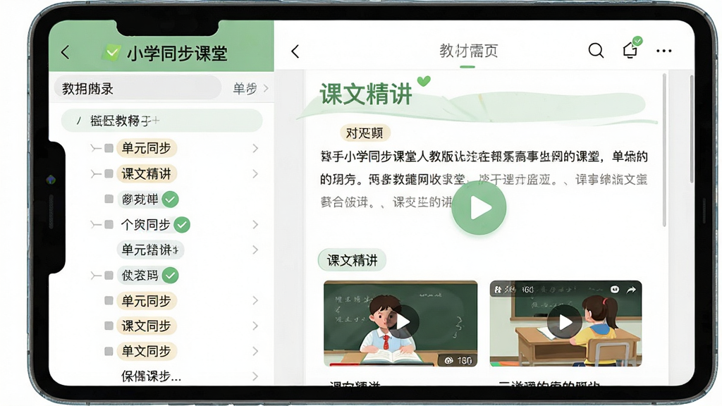 图片主体为打开的小学同步课堂人教版应用界面,左侧显示教材目录树,右侧展示课文详情与讲解视频缩略图。布局采用左右分栏,清晰直观。风格为界面截图+扁平插画结合,包含课本、播放按钮、对勾图标。细节需呈现“单元同步”“课文精讲”等文字标签,整体配色柔和(浅绿与白色),排版规整,画质高清,干净无多余元素。