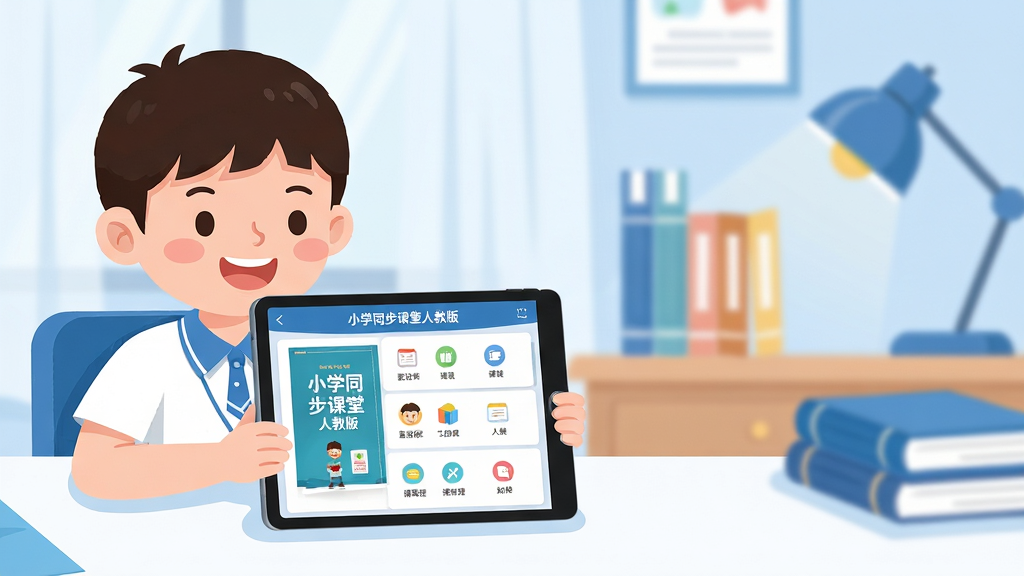 画面主体为一名面带微笑的小学生坐在书桌前,使用平板电脑学习“小学同步课堂人教版”应用,屏幕中展示教材封面与课程列表。布局采用左实右虚,左侧孩子清晰,右侧背景为柔和书房环境,带有课本、台灯等元素。排版简洁明亮,色彩以蓝白为主,风格扁平化卡通插画,细节表现屏幕上的文字“小学同步课堂人教版”与知识点图标,整体画质清晰干净,无多余元素。