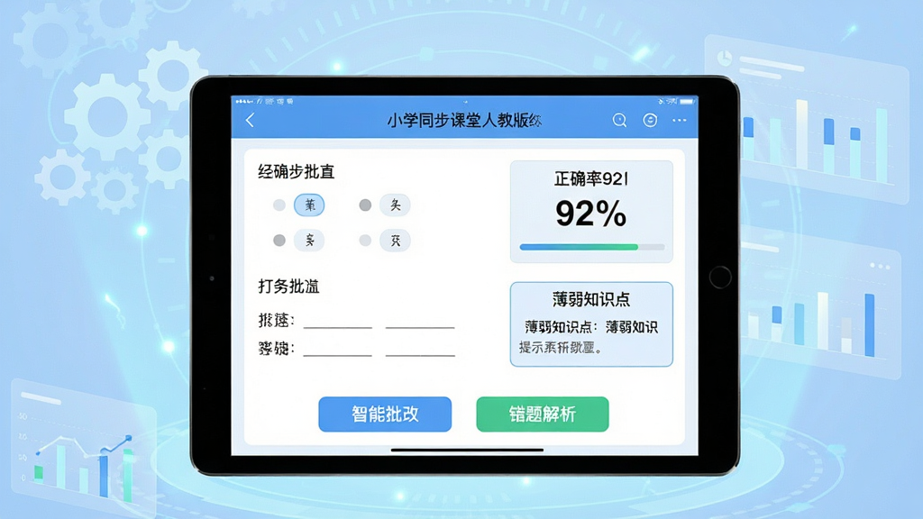 画面主体为一块平板电脑屏幕,屏幕上显示小学同步课堂人教版练习题界面,包含选择题、填空题,下方有“智能批改”“错题解析”按钮。布局平板居中,背景为淡蓝色科技感光效,带有齿轮、数据图表等元素。排版扁平化,强调智能感,细节需出现“正确率92%”的统计图表和“薄弱知识点”提示框,画质干净高清。