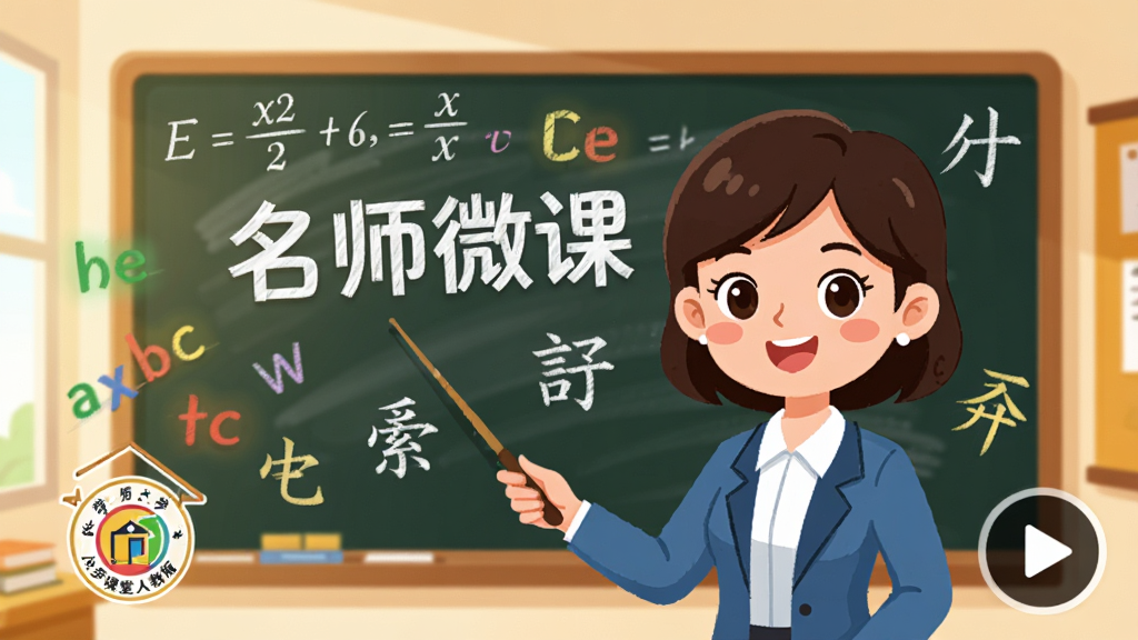 画面主体为一位卡通女教师站在黑板前,黑板上写着“名师微课”,旁边悬浮着数学公式、英文字母、汉字笔画等元素,右下角有一个播放按钮。布局中心聚焦,教师形象亲切微笑,背景为明亮的教室。排版风格为扁平化教育插画,色彩温暖明亮,细节中教师手持教鞭指向“小学同步课堂人教版”logo,画质干净,无杂乱元素。