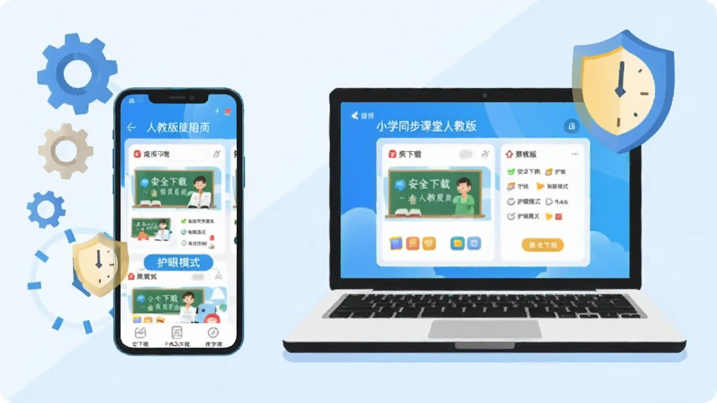 画面主体为智能手机与笔记本电脑并排放置,屏幕上显示小学同步课堂人教版使用界面,周围环绕着设置齿轮、防护盾牌、时钟图标。布局采用对角线构图,左边手机右边电脑,风格为科技感扁平插画,背景淡蓝色,细节需呈现“安全下载”“护眼模式”等文字标签,画质干净清爽。